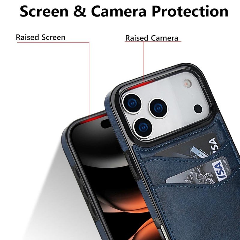 جراب هاتف من الجلد الليتشي بفتحات للبطاقات لهاتف iPhone 17 Pro Max (أزرق) - Image 3